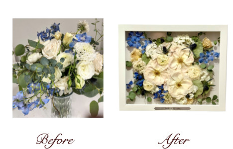 white roses with blue flowers pressed in a white square frame