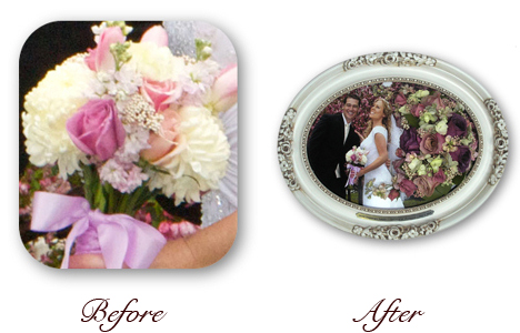 pink and white wedding flowers preserved and encased in white oval frame with photo of bride and groom